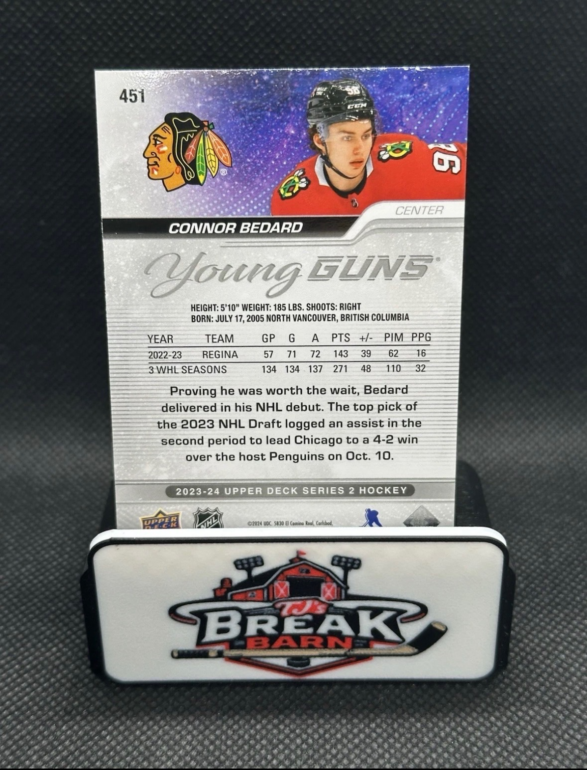 2023-24 CONNOR BEDARD UD SERIES 2 YOUNG GUNS OUTBURST ROOKIE #451 HAWKS