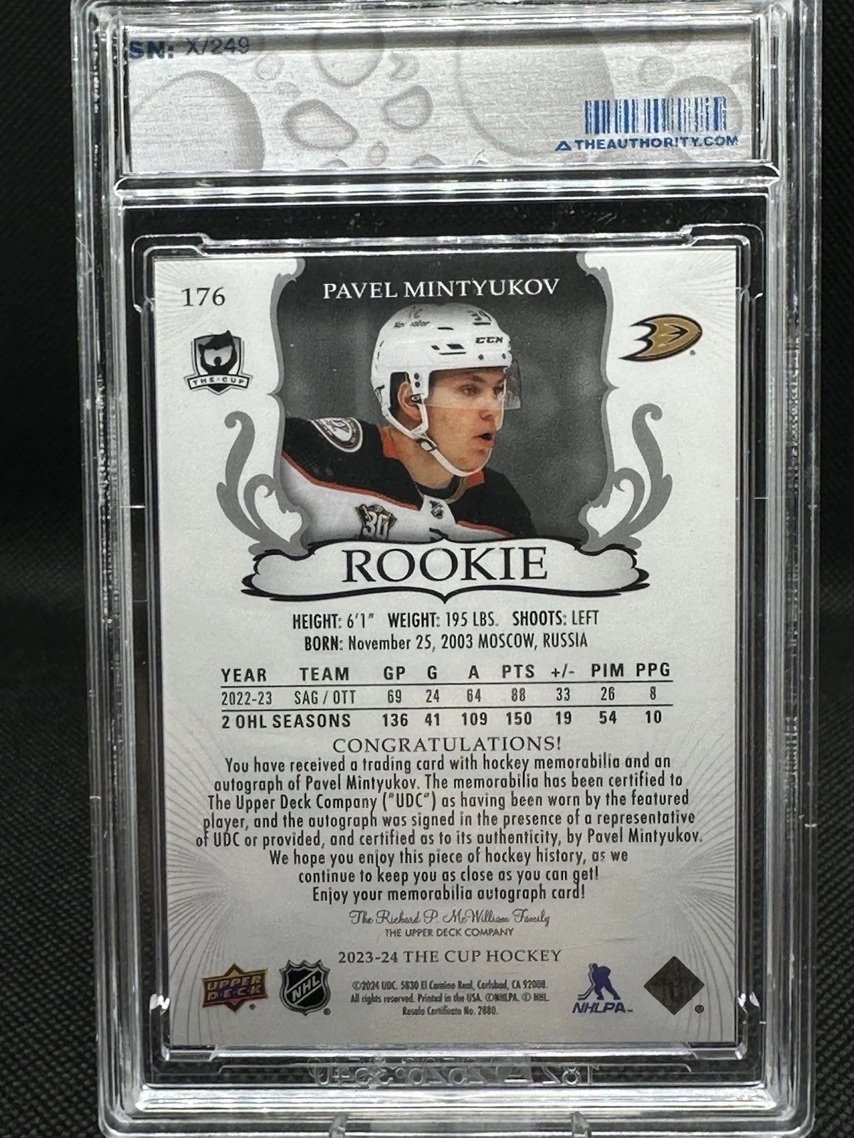 2023-24 Upper Deck THE CUP Hockey #176 Pavel Mintyukov /249 Rookie Patch Auto