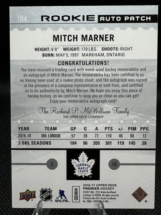 2016-17 Upper Deck Premier #104 Mitch Marner /199 Rookie Patch Auto RPA RC