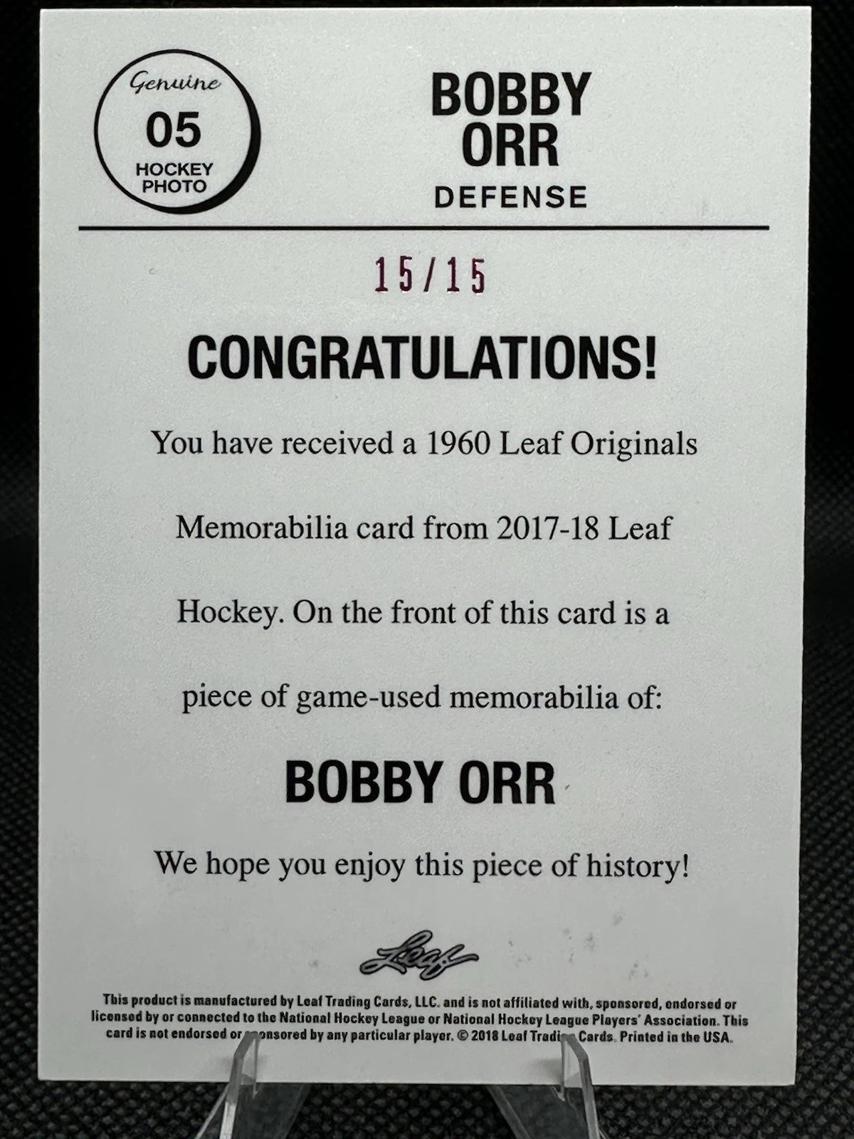 2017/18 Leaf Bobby Orr Game Used Patch From 1960 15/15
