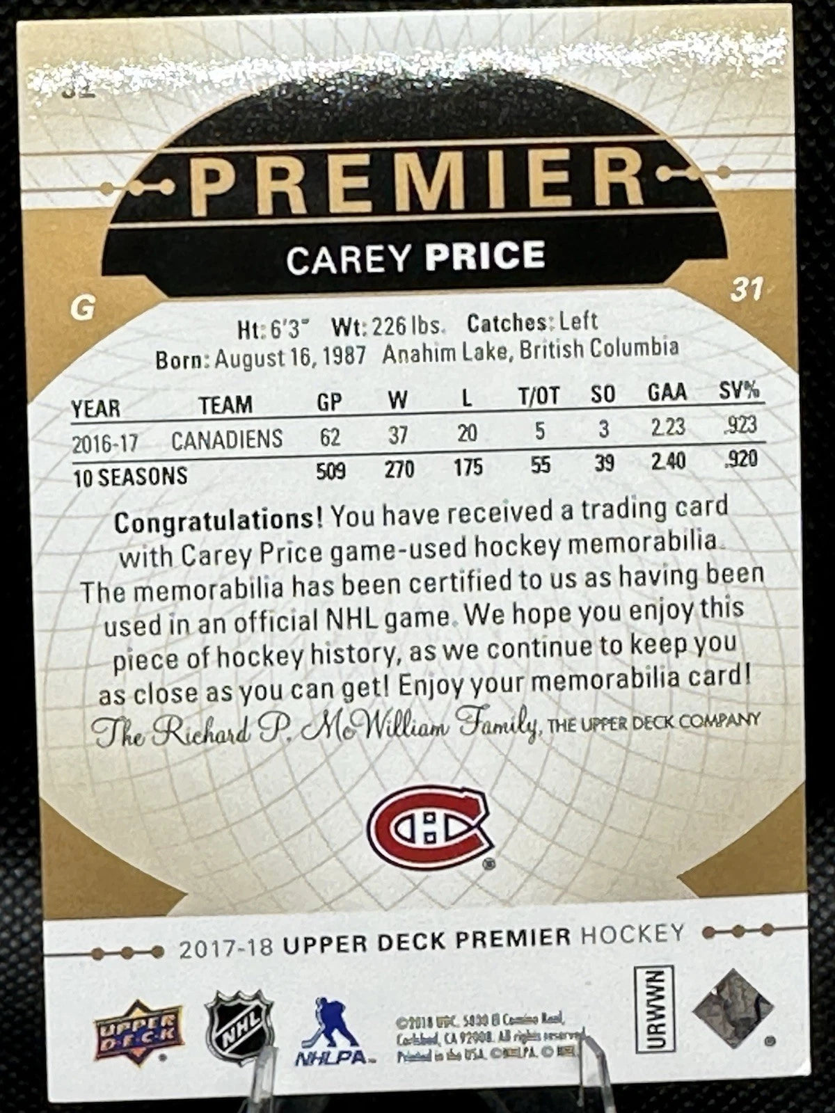 2017/18 UD Premier Hockey Material Carey Price /6