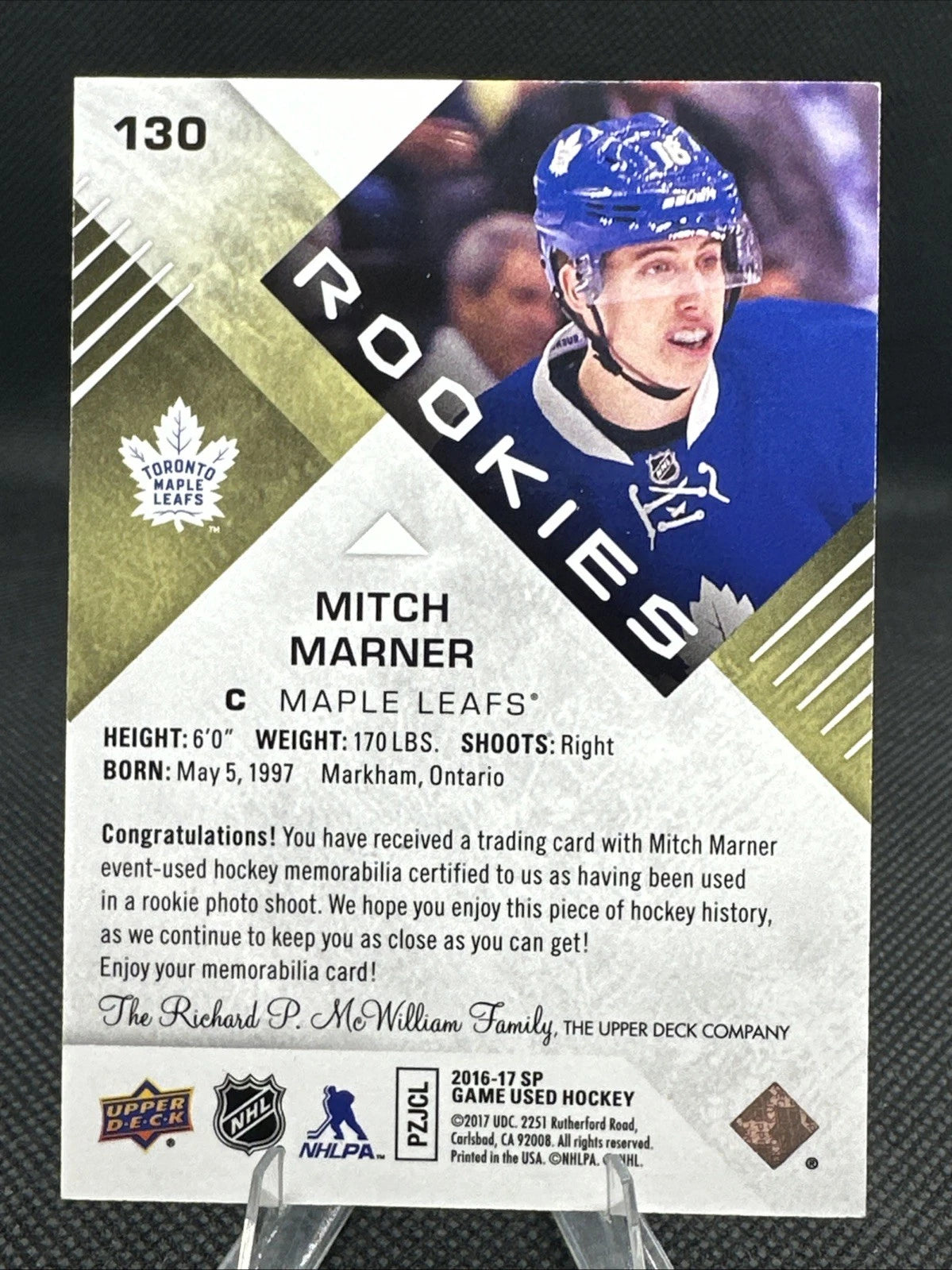 2016-17 SP Game Used Authentic Rookies Gold Material /399 Mitch Marner Rookie RC