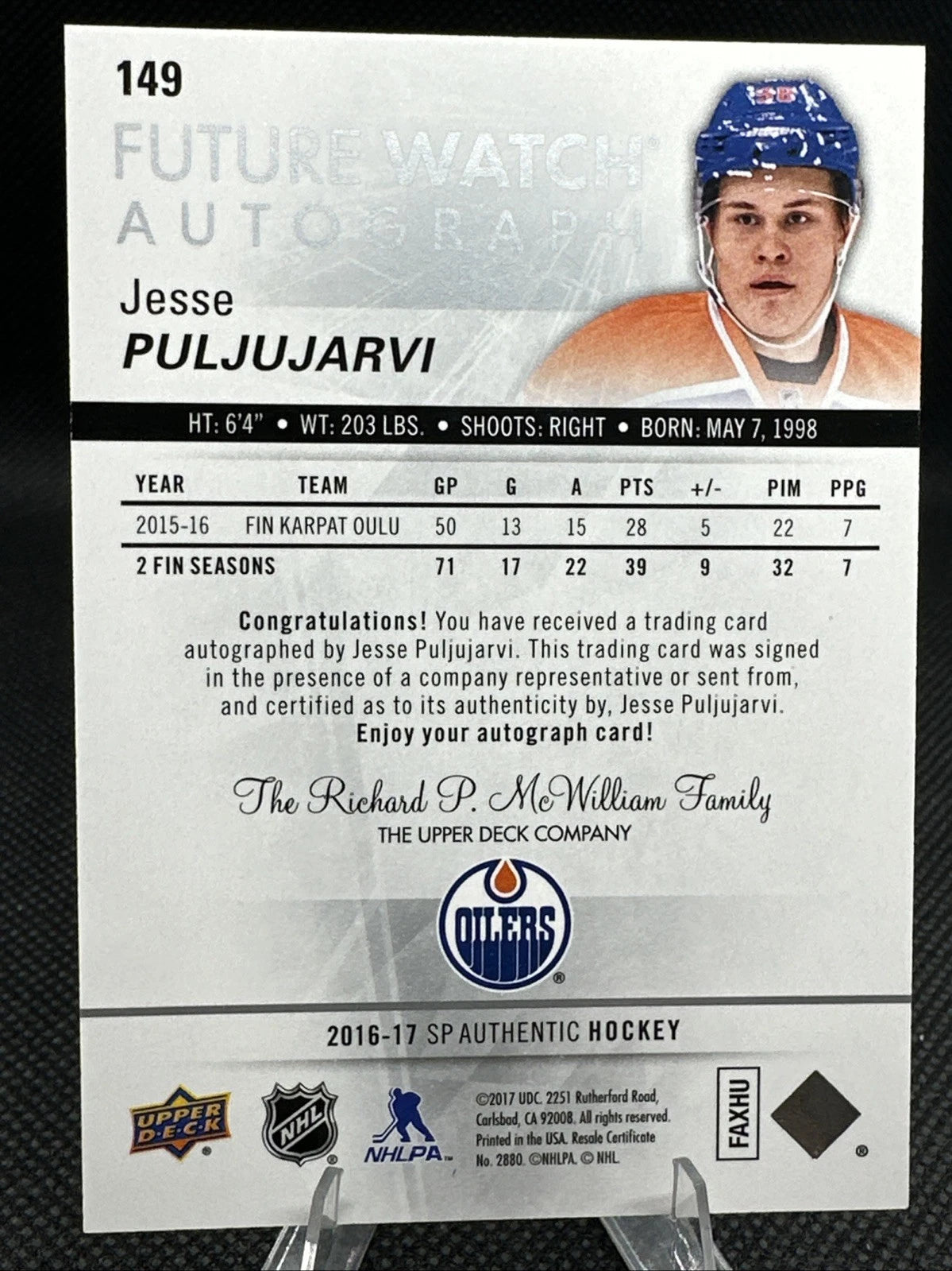 2016-17 SP Authentic Future Watch Autograph Rookie Jesse Puljujarvi RC Auto /999