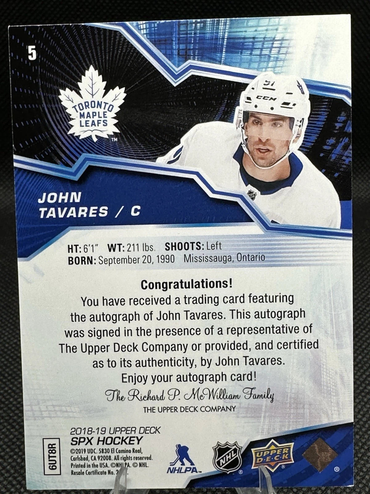 2018/19 Upper Deck SPX John Tavares Auto /49