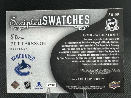 2018 Upper Deck The Cup Elias Pettersson Scripted Swatches Auto Patch Rookie /35