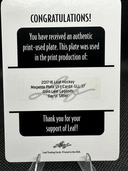 2017/18 Leaf Hockey Printing Plate Gold Leaf Legends Darryl Sittler 1/1